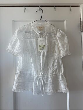 Sezane Shenali White Lace Tie-Front Blouse size 6